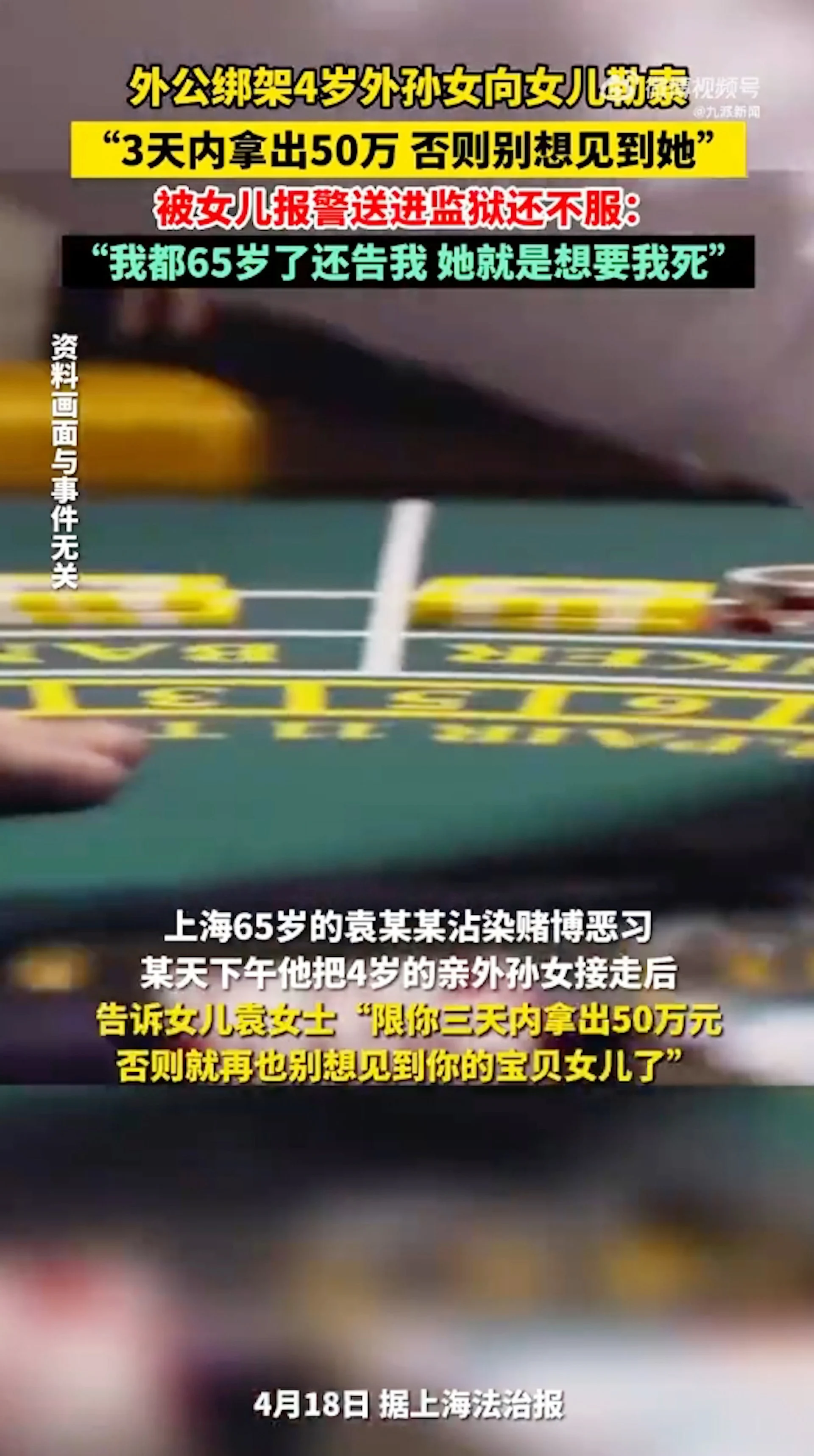 65歲外公沉迷賭博 綁架外孫女 向女兒勒索50萬